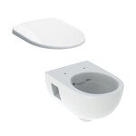 Wisząca miska WC Selnova Compact Premium lejowa, B35.5 cm, H33 cm, T49 cm, krótka, ukryte mocowania, Rimfree Deska sedesowa WC wolnoopadająca Selnova mocowanie od góry, antybakteryjna biała